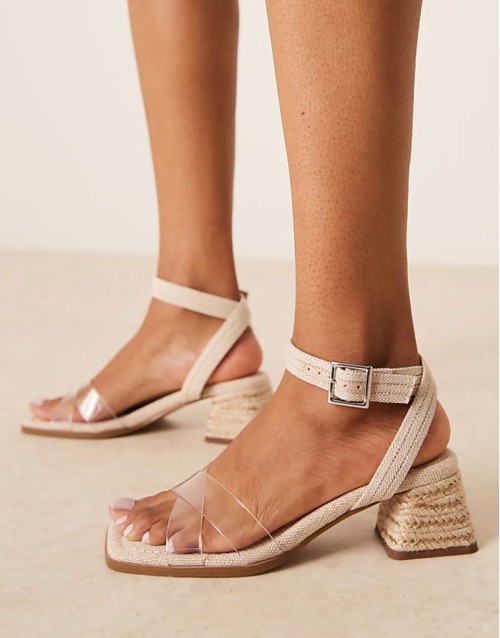 Wide Fit Hopefully block heeled mid sandals in clear and natural