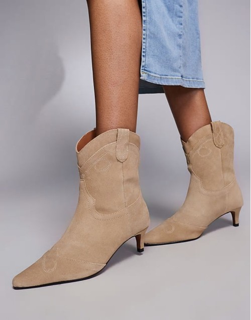 suede western boot with kitten heel in beige