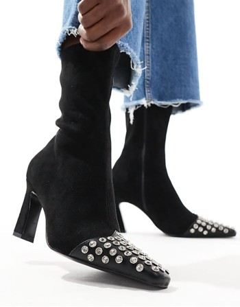 Rosie mid-heel sock boot in black with studded toe-cap