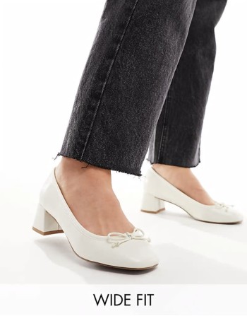 Wide Fit Steffie bow detail mid block heeled shoes in white