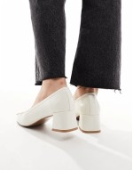 Wide Fit Steffie bow detail mid block heeled shoes in white