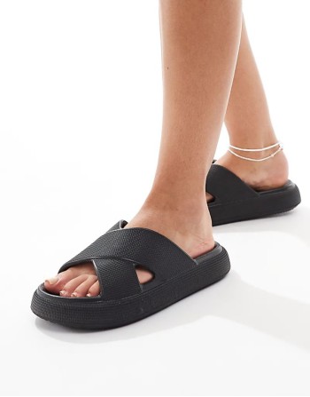 Loss-Making Forever cross-strap chunky sliders in black