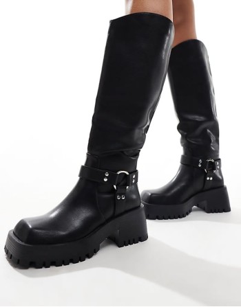 ‌Stylish Ultra biker knee boots with square toe in black
