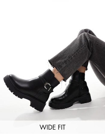 Billie wide fit chunky ankle boots with buckle in black