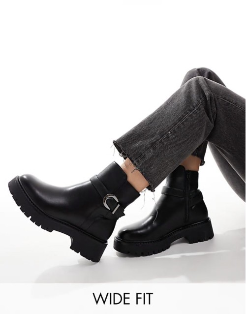 Billie wide fit chunky ankle boots with buckle in black