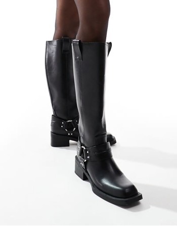 Camila flat biker harness knee boots in black