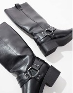 Camila flat biker harness knee boots in black