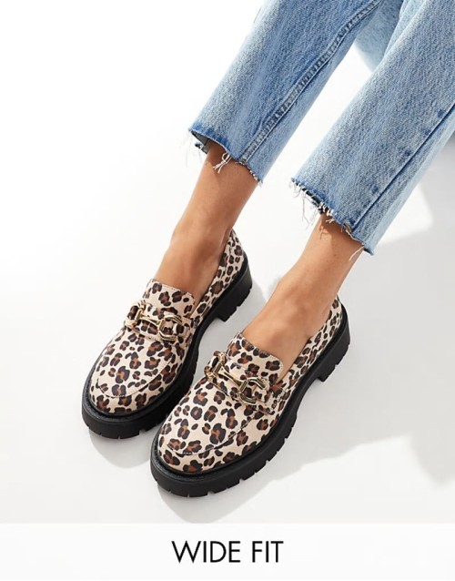 Perdy wide fit metal trim chunky loafers in leopard