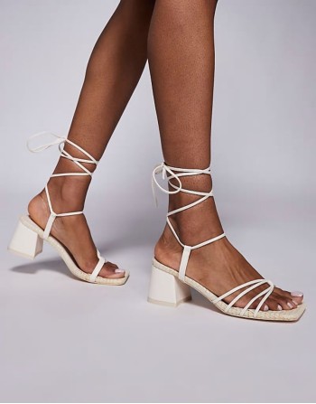 Wide Fit Saffira mid heeled sandal with ankle ties in cream