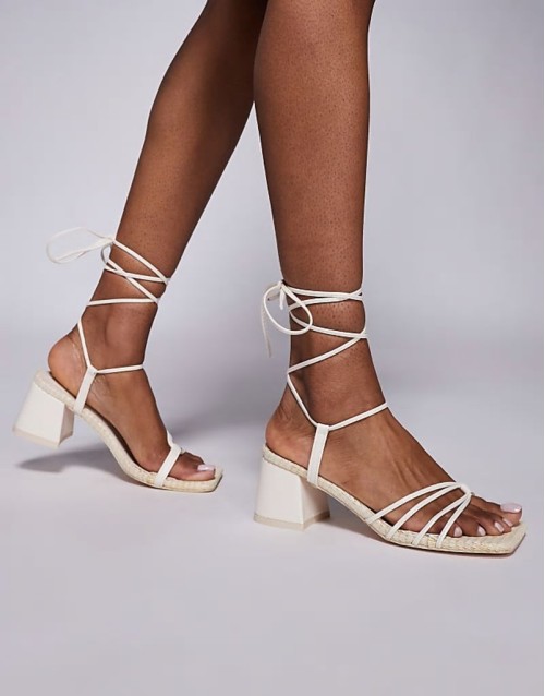 Wide Fit Saffira mid heeled sandal with ankle ties in cream