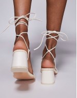 Wide Fit Saffira mid heeled sandal with ankle ties in cream