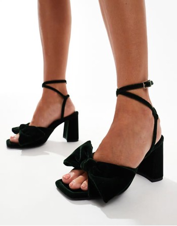 Hitched bow detail mid block heeled sandals in green